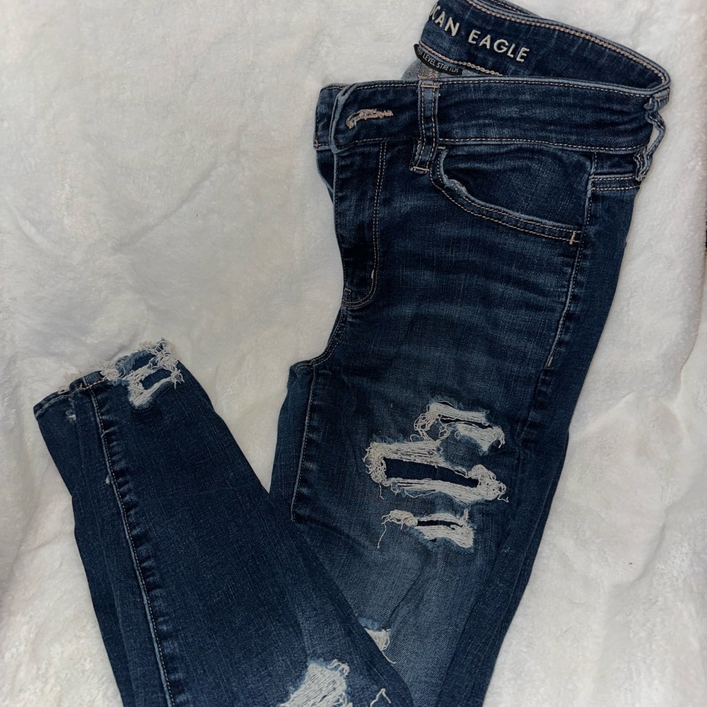 American Eagle Outfitters Women's Dark Blue Distressed Skinny Jeans